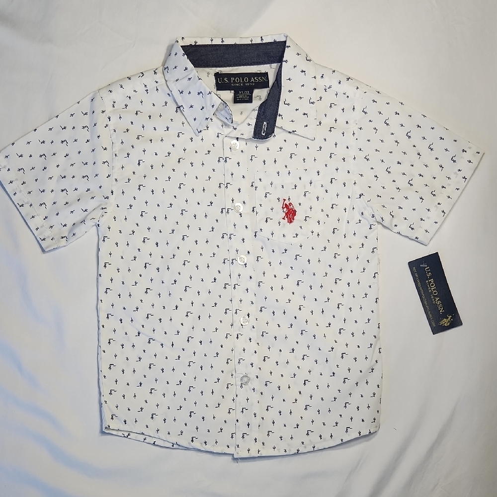 U.S. Polo Assn Boys Button Down Shirt XL (7) White Cactus Print Short Sleeve